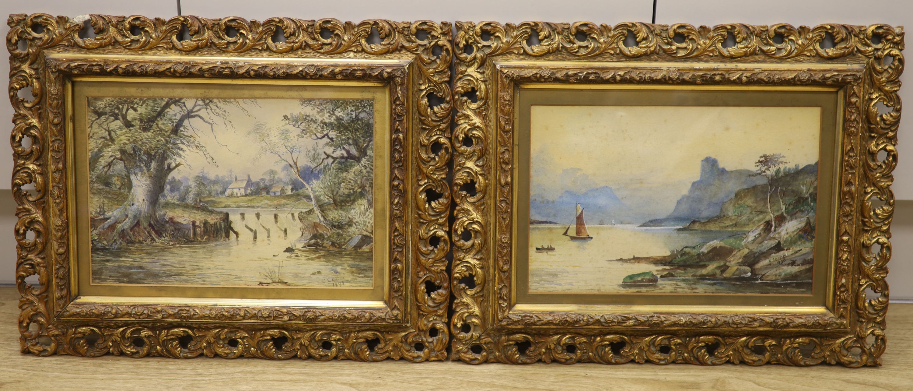 C. Cooper, pair of watercolours, Landscape with weir and Loch scene, signed and dated 1890, 20 x 30cm